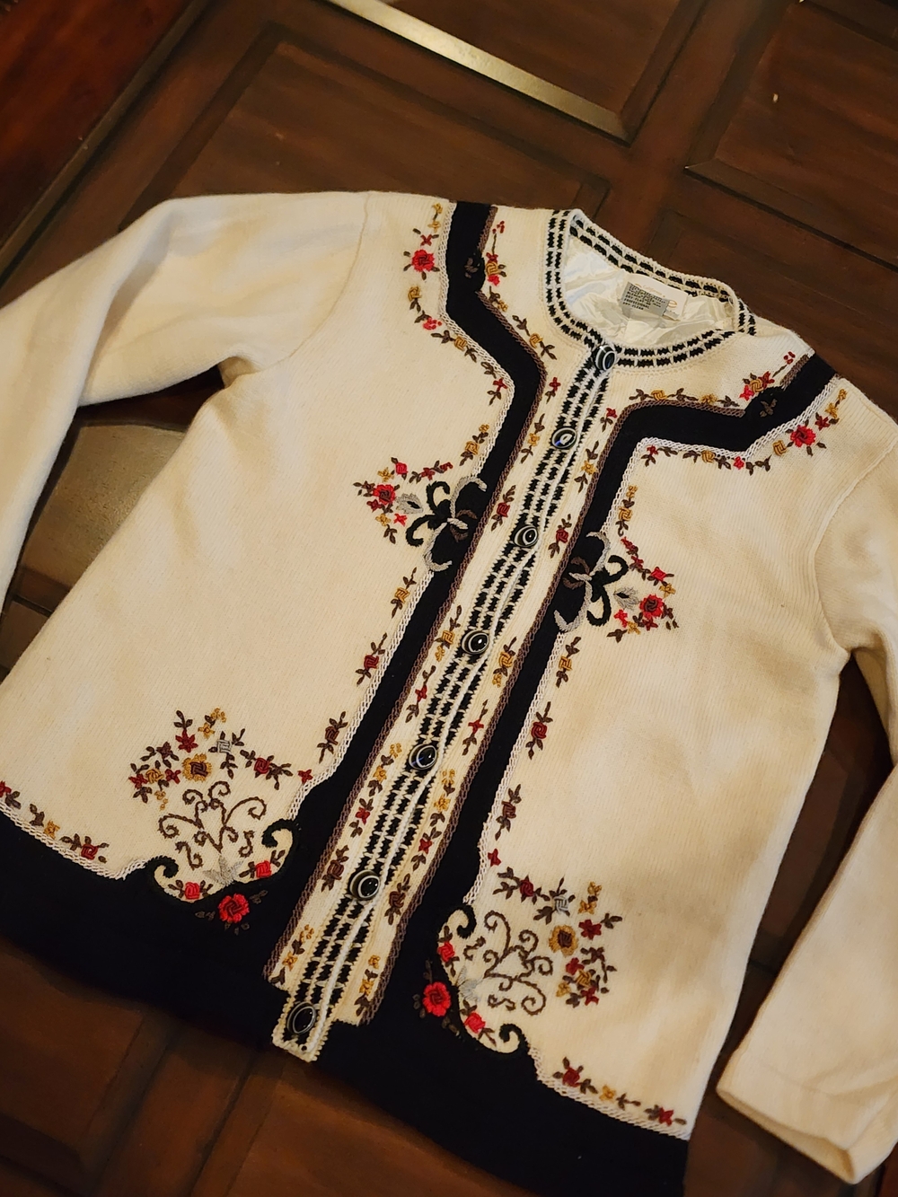 Cream Embroidered Cardigan with Navy Trim and Floral Accents